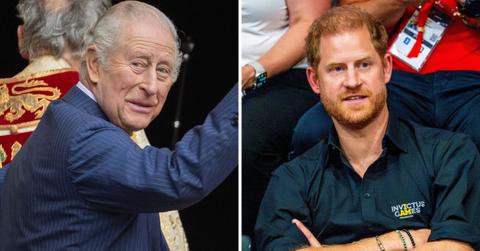 Split photo of King Charles and Prince Harry.