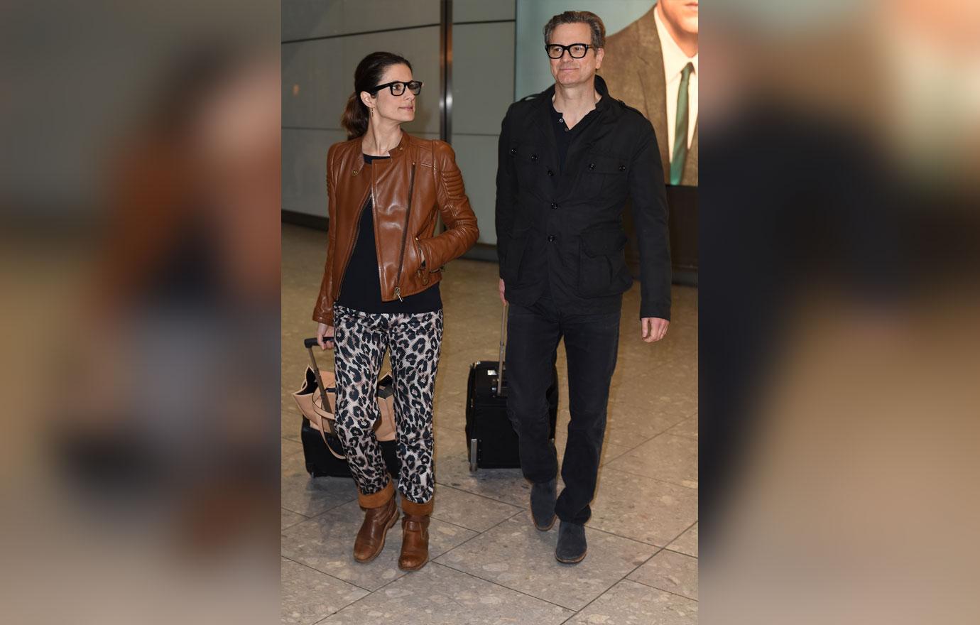 Colin Firth and Livia Giuggioli arrive at Heathrow airport **USA ONLY**