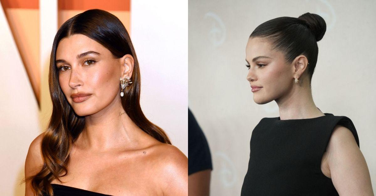 Composite photos of Selena Gomez and Hailey Bieber