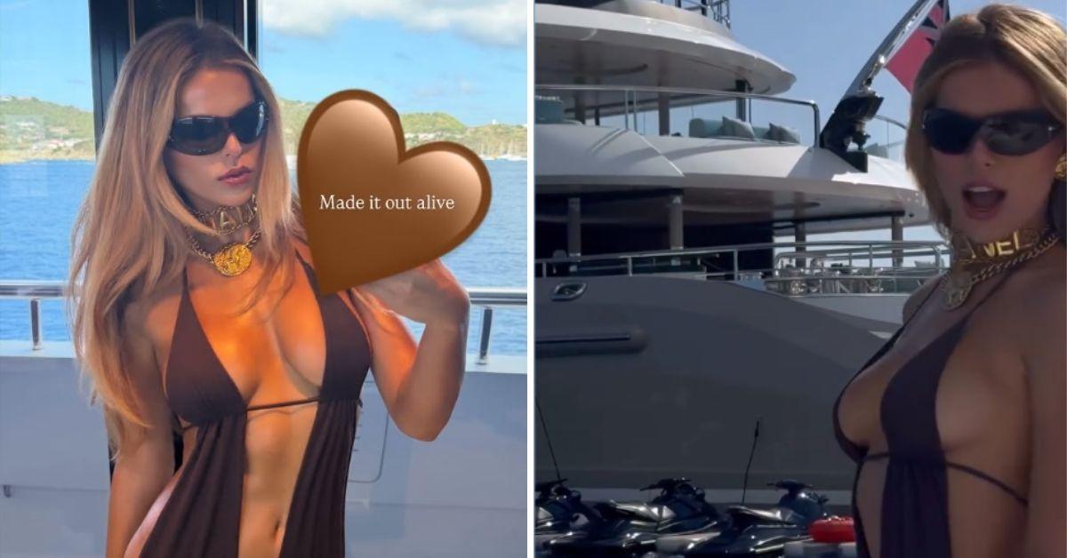 image of The star wore a low-cut brown swimsuit on a yacht.
