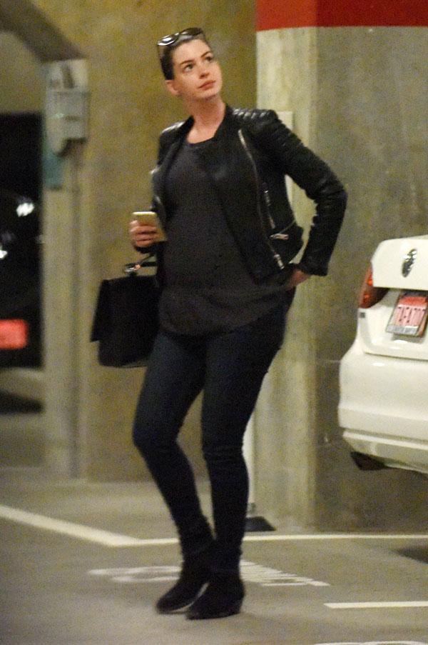 Anne Hathaway Pregnant Baby Bump Leather Jacket