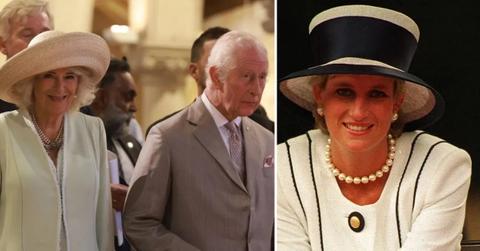 Photo of Queen Camilla with King Charles and a picture of Princess Diana