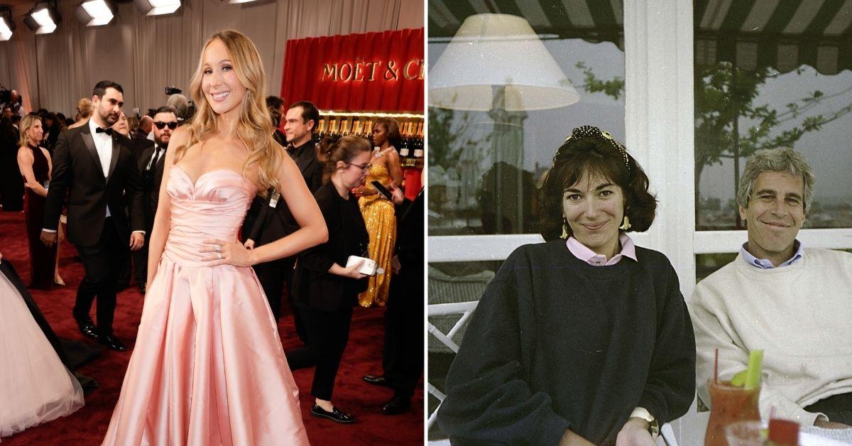 split photo of Nikki Glaser; Jeffrey Epstein. 