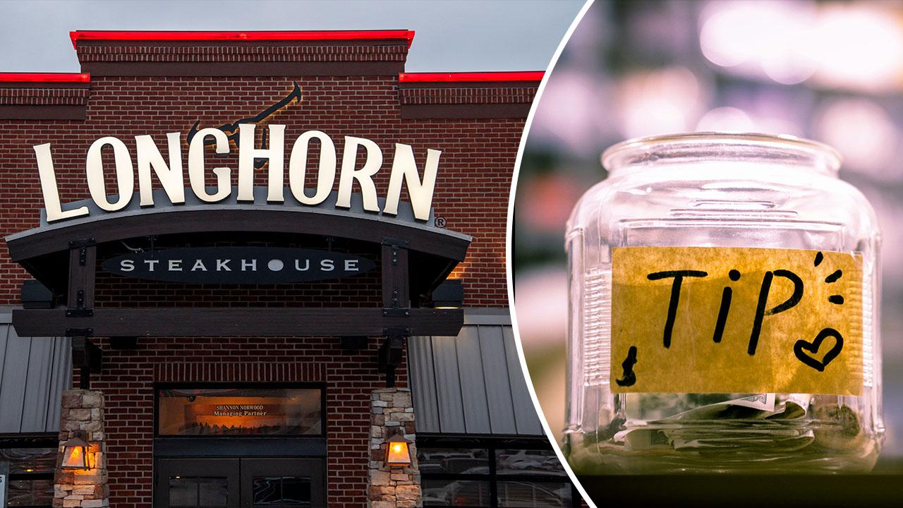 Composite photo of Longhorn Steakhouse and tip jar.