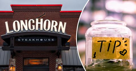 Composite photo of Longhorn Steakhouse and tip jar.