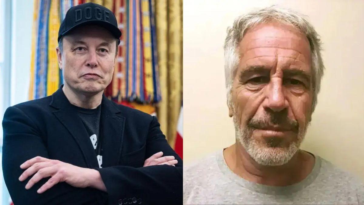 Split photo of Elon Musk and Jeffrey Epstein