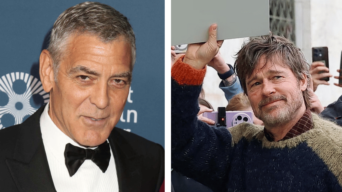 Photo of George Clooney; photo of Brad Pitt