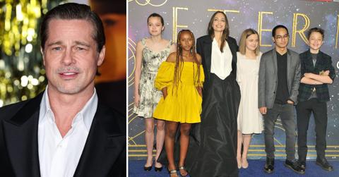 A photo of Brad Pitt and an image of Angelina Jolie and her six kids.