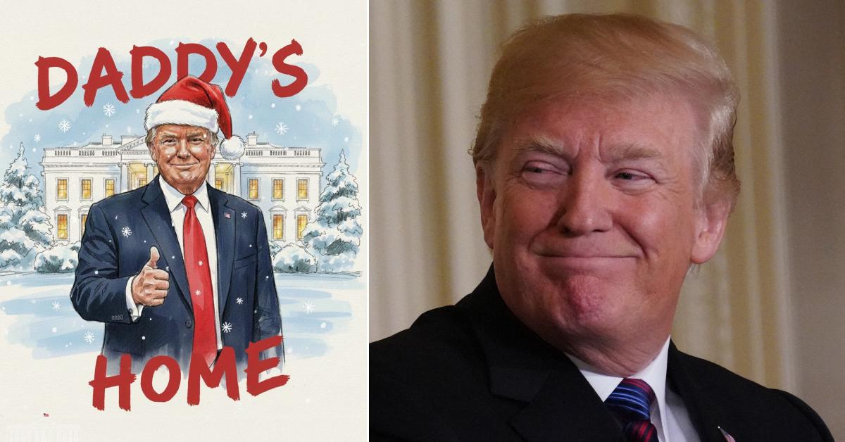 Split photo of holiday Donald Trump cartoon and Donald Trump.