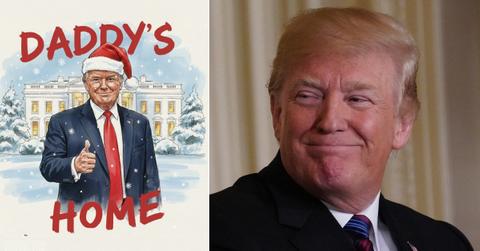 Split photo of holiday Donald Trump cartoon and Donald Trump.