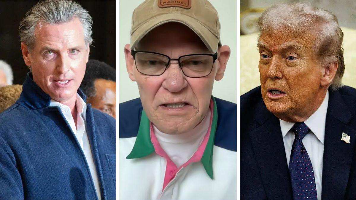 split photo of gavin newsom, james carville and donald trump