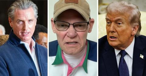 split photo of gavin newsom, james carville and donald trump