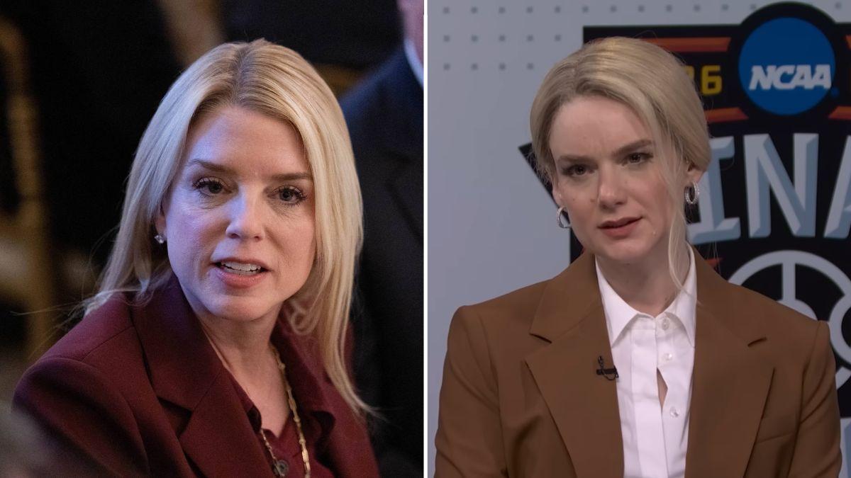 Image of Ashley Padilla’s Pam Bondi impression mixed bravado with mock panic.