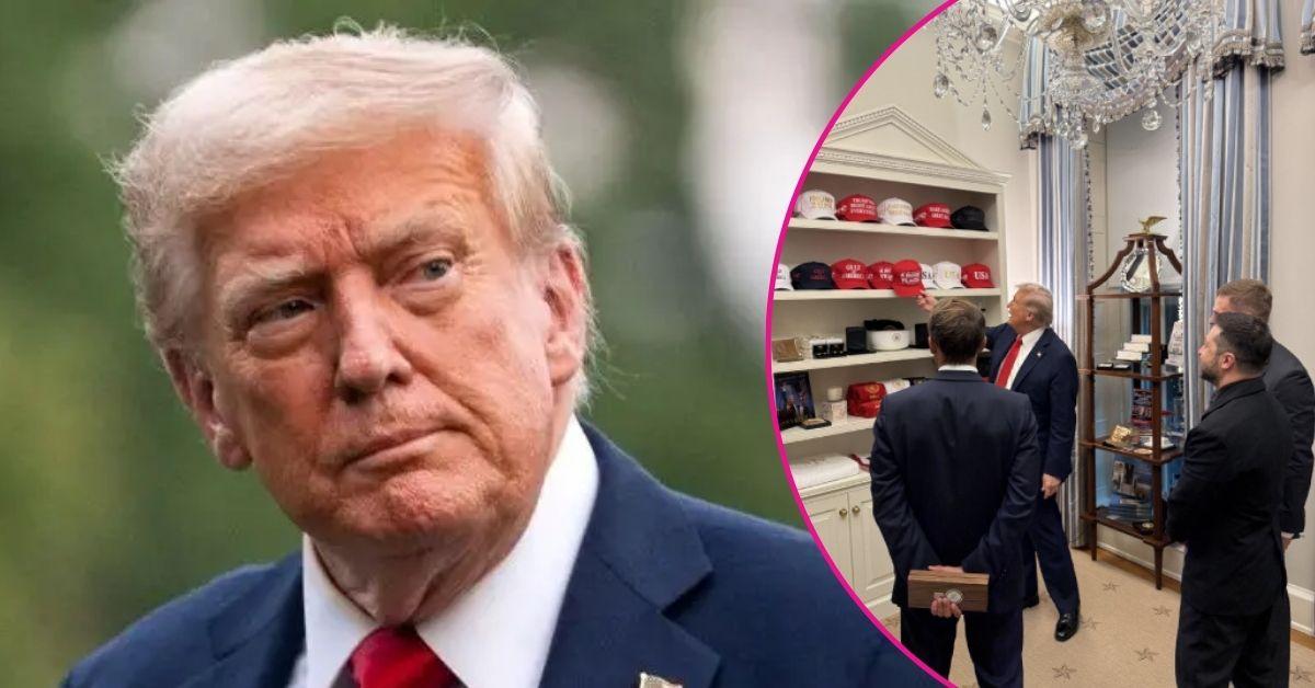 Photo of Donald Trump; picture of Donald Trump showcasing his hat collection.