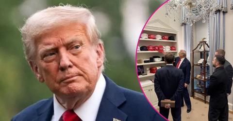 Photo of Donald Trump; picture of Donald Trump showcasing his hat collection.