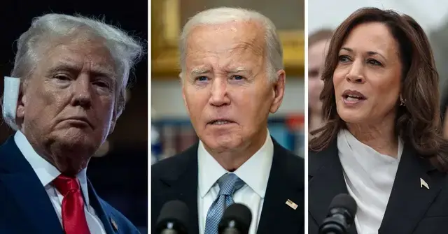 Split photo of Donald Trump, Joe Biden and Kamala Harris.