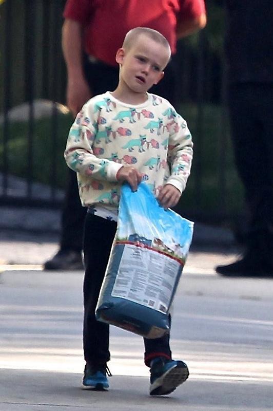 *EXCLUSIVE* Hilary Duff gets some help from Luca carrying the dog food