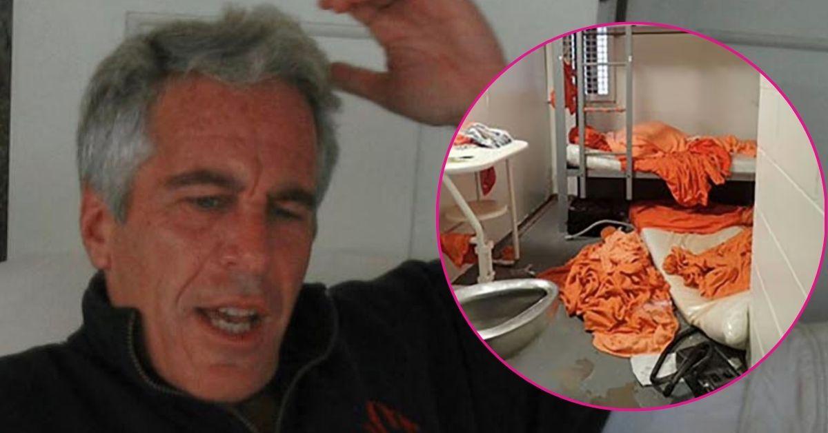 split photo of Jeffrey Epstein and dirty prison linens