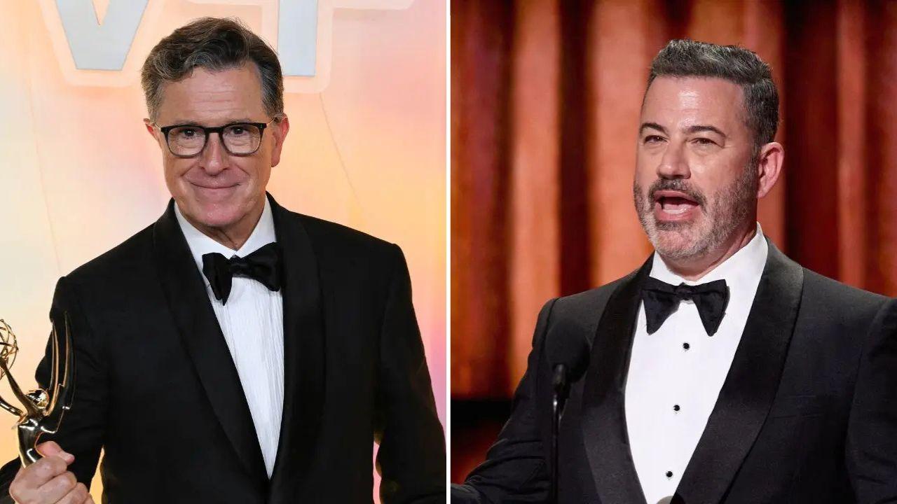 Split photo of Stephen Colbert and Jimmy Kimmel