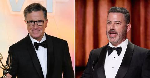 Split photo of Stephen Colbert and Jimmy Kimmel