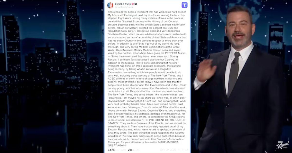 image of Jimmy Kimmel displayed a screenshot of Donald Trump's rant directed at those questioning his health.