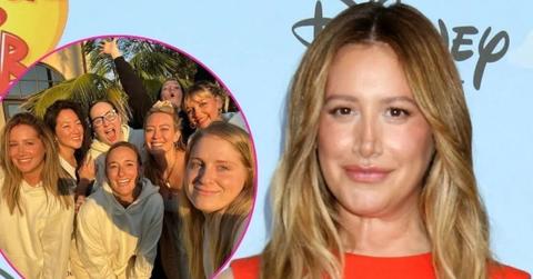 composite photo of ashley tisdale and a group of friends
