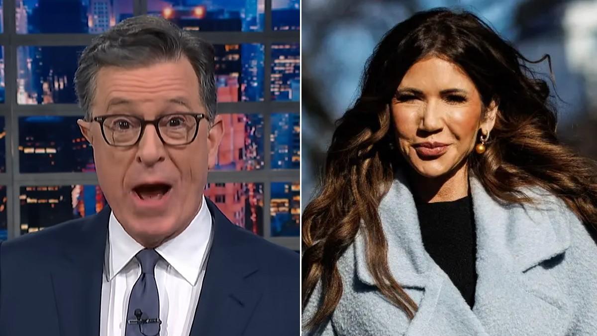 split photo of Stephen Colbert and Kristi Noem. 