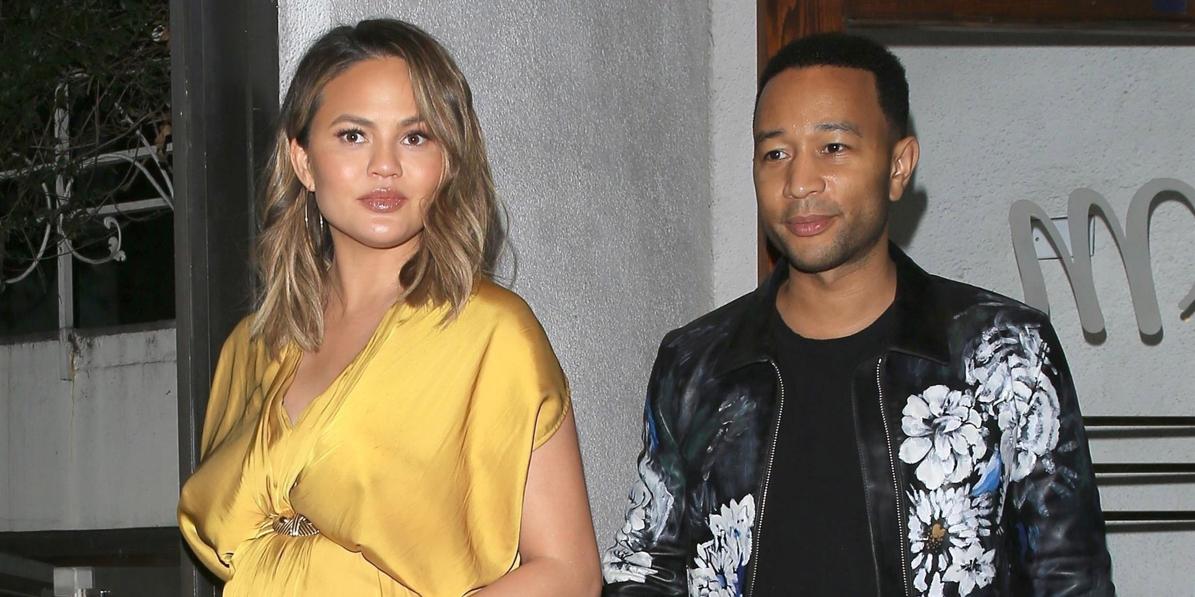 Pregnant Chrissy Teigen looks amazing in a gold dress for dinner with her man John Legend