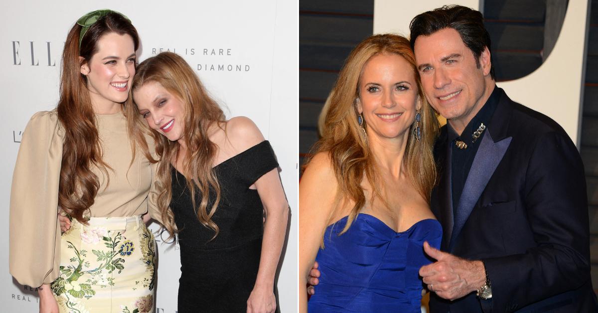 Split photo of Riley Keough, Lisa Marie Presley, Kelly Preston and John Travolta.