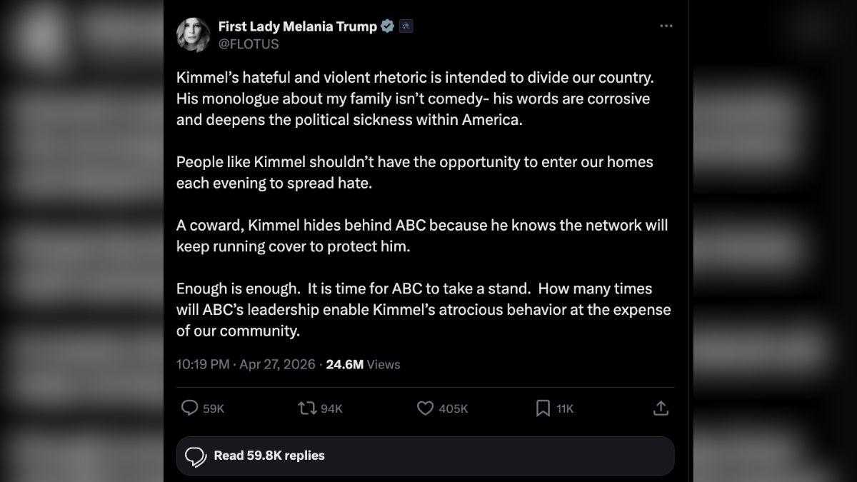 Image of Melania Trump condemned Jimmy Kimmel's joke on X.