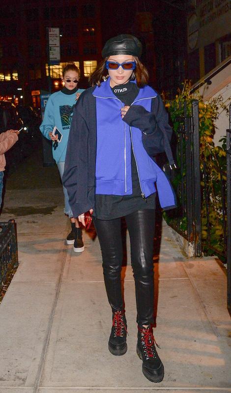 Gigi Hadid, Bella Hadid and Mohamed Hadid and Zayn Malik coming in and out of dinner in soho