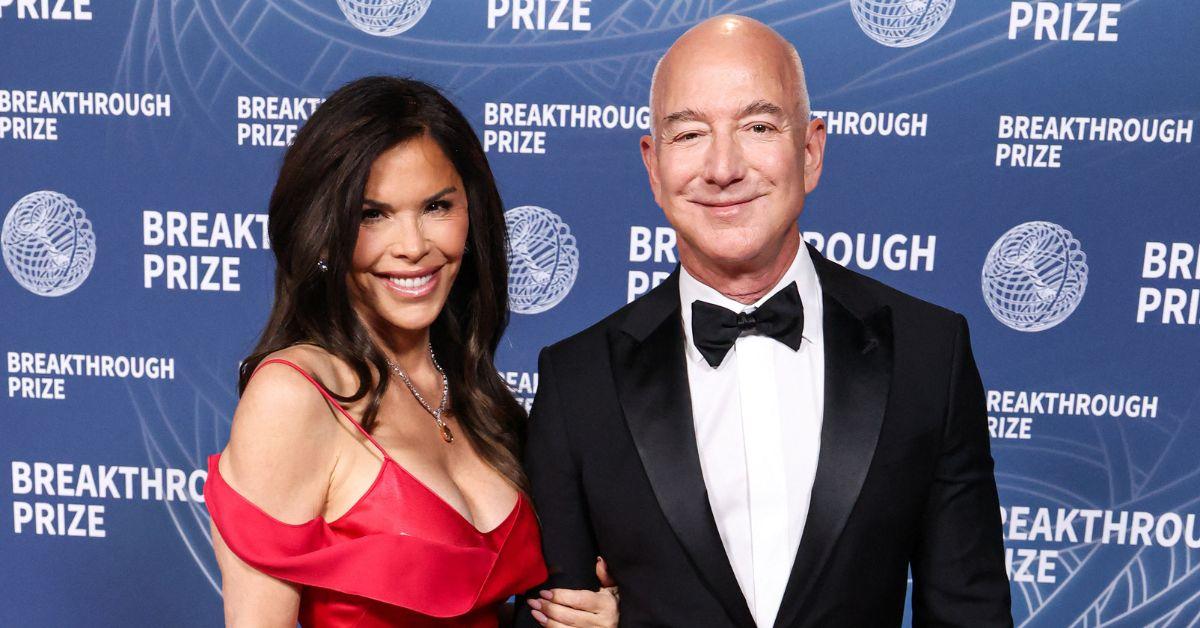 image of While partying, the philantropist wore a tight white dress while Jeff Bezos shuffled along beside her.