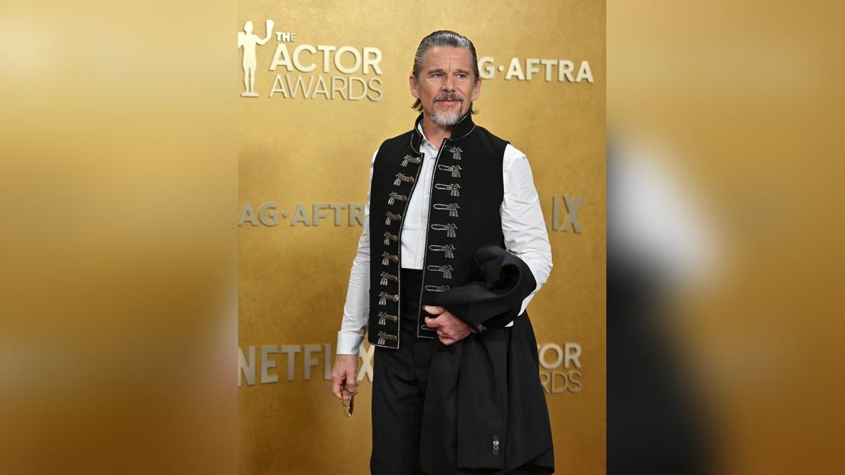 Image of Ethan Hawke's military vest was a questionable red carpet choice.