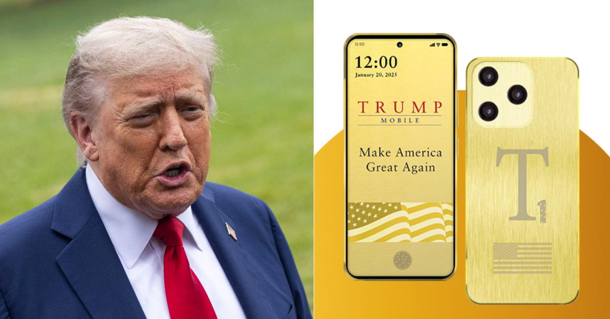 Photo of Donald Trump; picture of Trump Mobile phone.