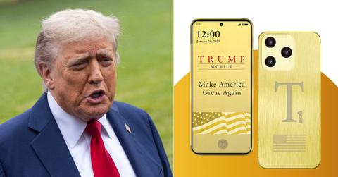 Photo of Donald Trump; picture of Trump Mobile phone.