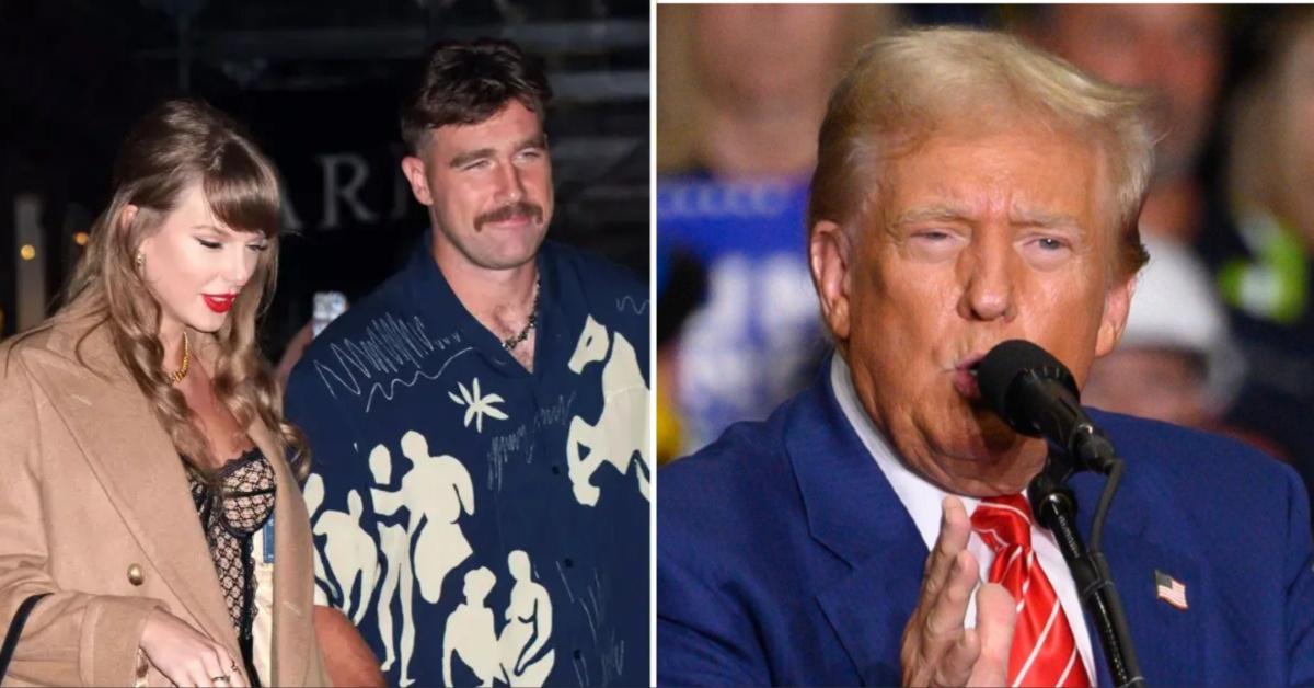 Split photos of Taylor Swift and Travis Kelce and Donald Trump