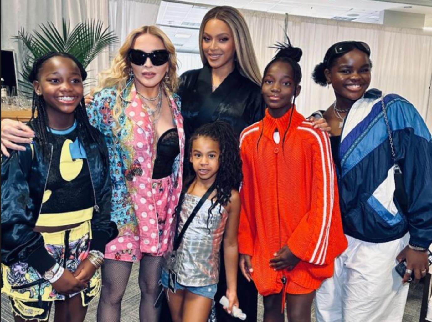 madonna happy healthy poses daughters backstage beyonce photos