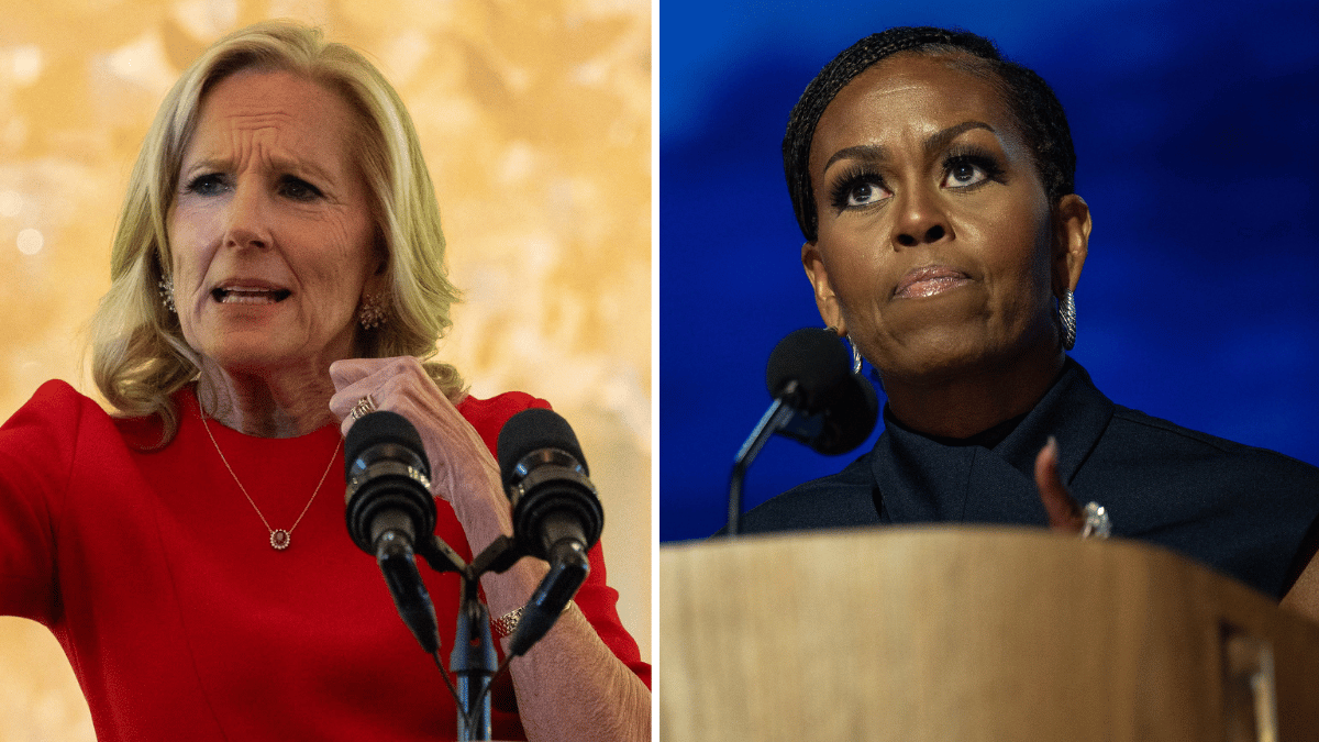 Split photo of Jill Biden and Michelle Obama.