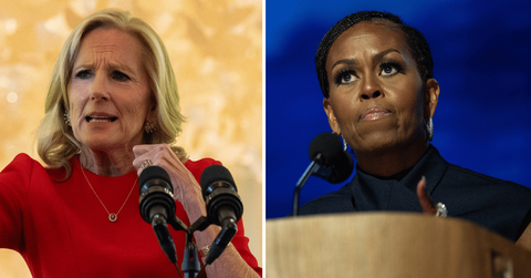 Split photo of Jill Biden and Michelle Obama.