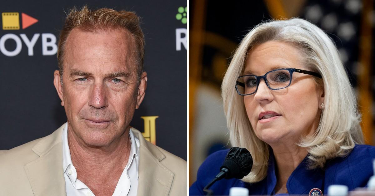 Split photo of Kevin Costner and Liz Cheney