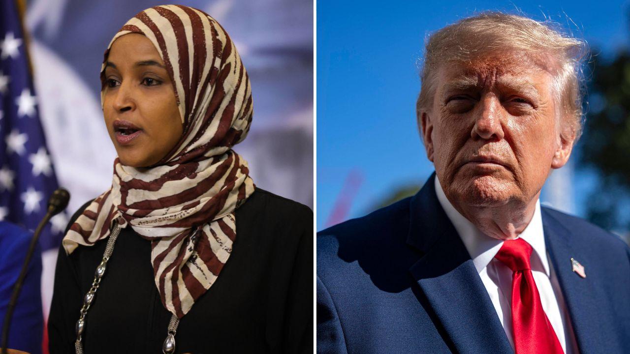 Split image of Ilhan Omar and Donald Trump