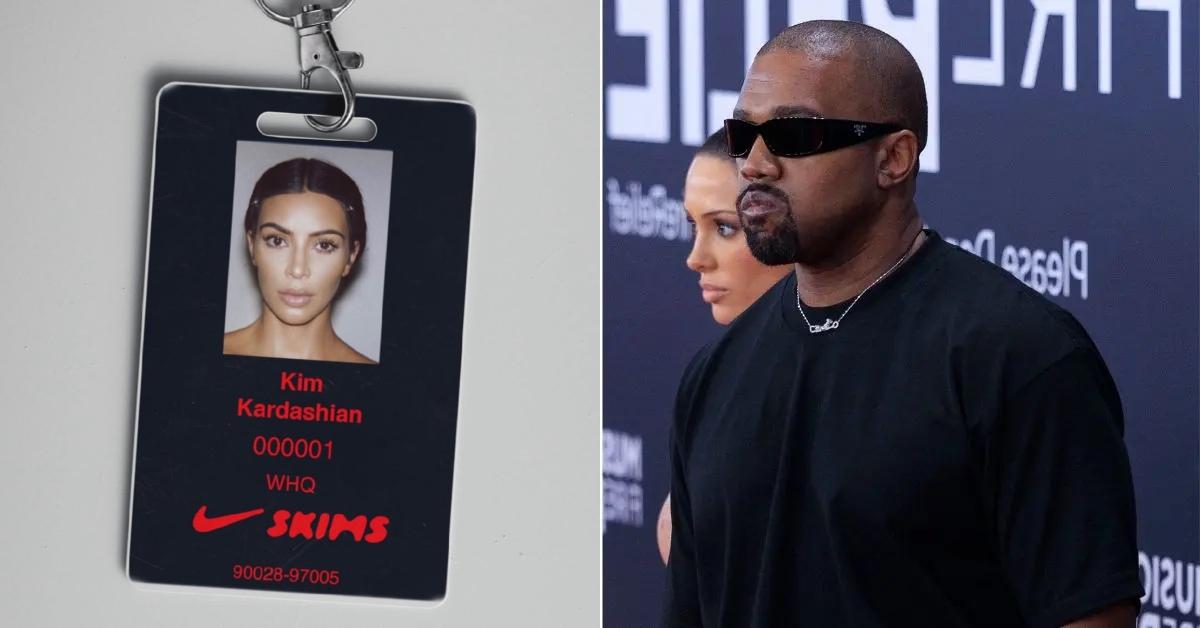 Photo of Kim Kardashian in NikeSKIMS promo and an image of Kanye West.