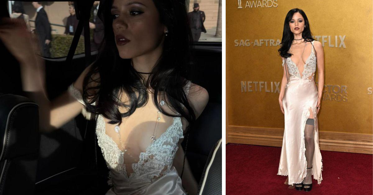 image of The star wore a plunging cream Christian Cowan dress.