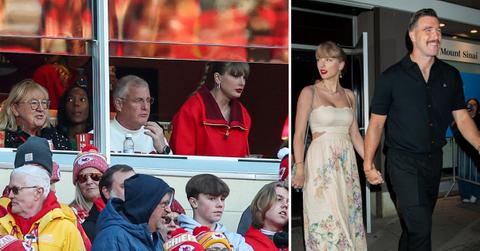 Photo of Taylor Swift at Arrowhead Stadium and a photo of her with Travis Kelce
