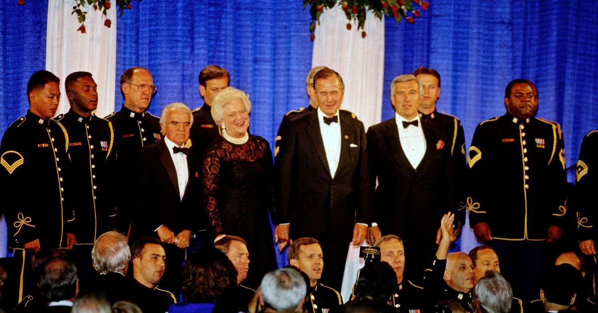 Image of Barbara Bush frequently wore pearls.
