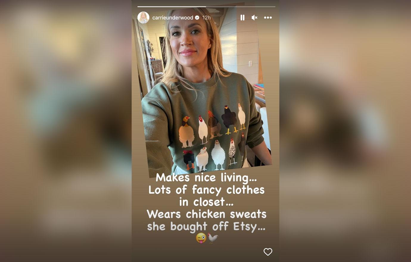 carrie underwood makes fun herself chicken sweats etsy fancy clothes