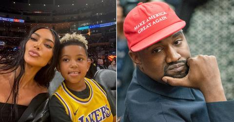 Photo of Kim Kardashian with son Saint West and an image of Kanye West