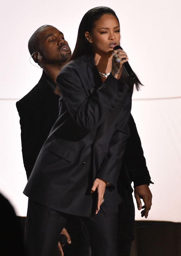 Rihanna kanye west paul mccartney performing at the 2015 grammy awards 01