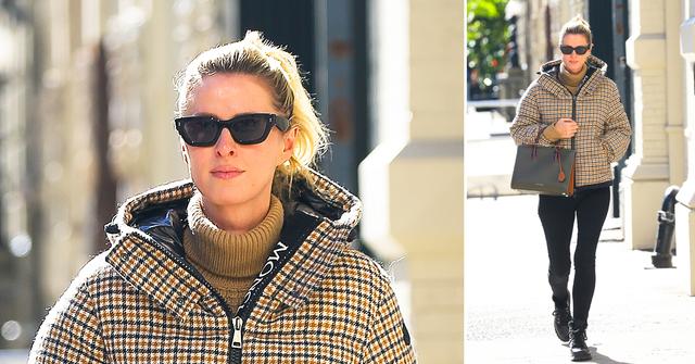 nicky hilton seen walking around as wearing a moncler jacket in nyc