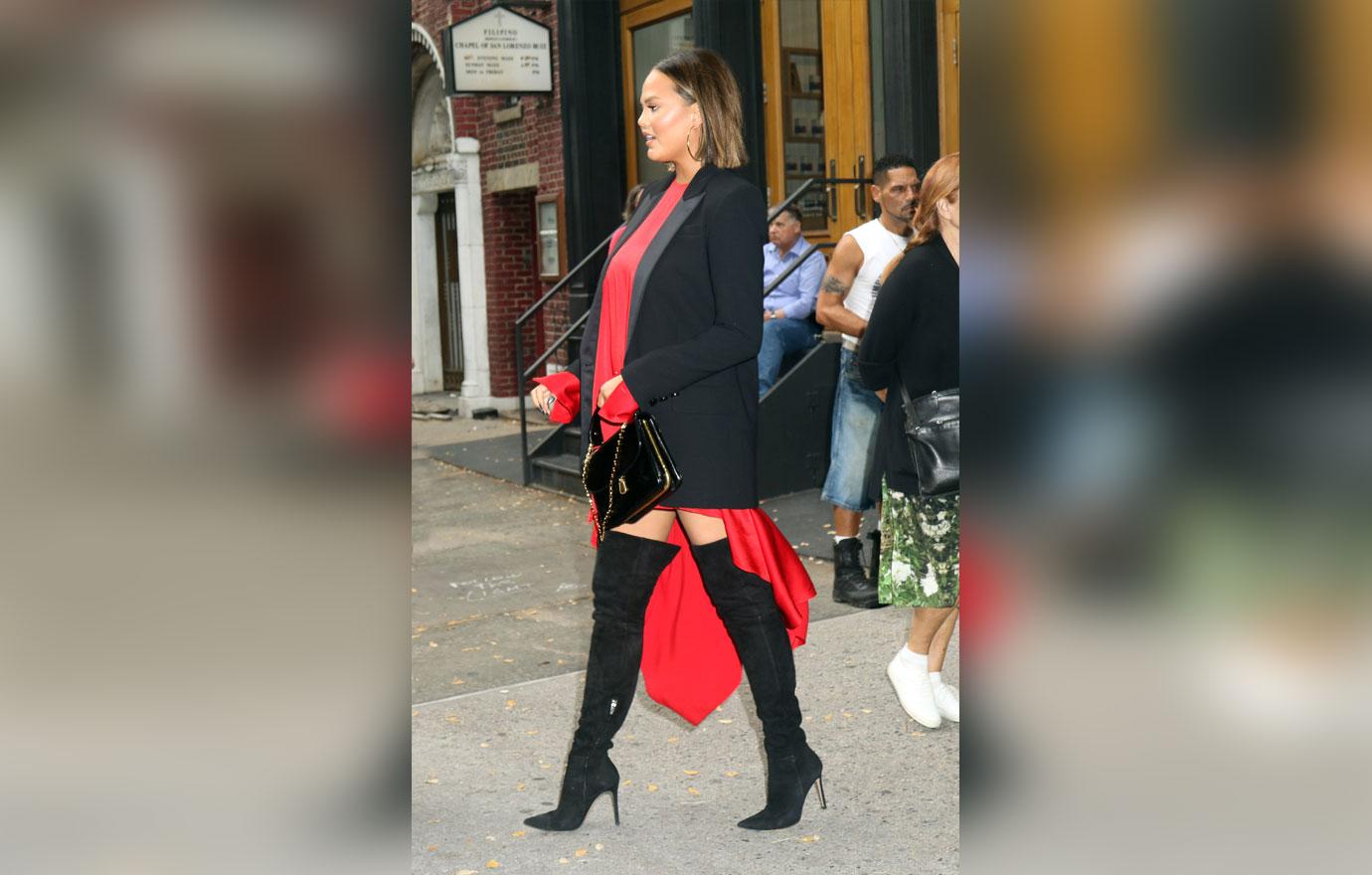 Chrissy Teigen in red Dress and Thigh High Boots